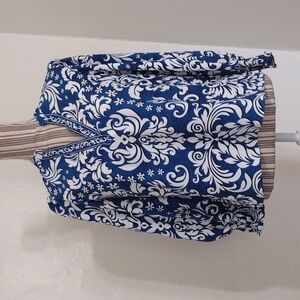 Rachel Zoe Blue & White Print V-neck Long Sleeve Pullover Blouse Size XS